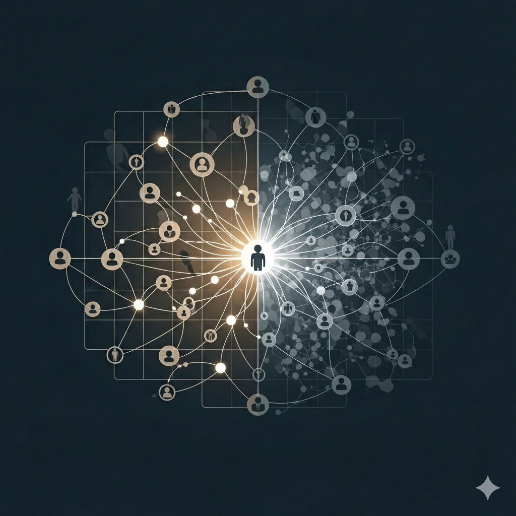 Conceptual illustration of ethically ambiguous data modeling, depicting a central human node split between a structured, glowing data network and a chaotic, hazy web of connections.