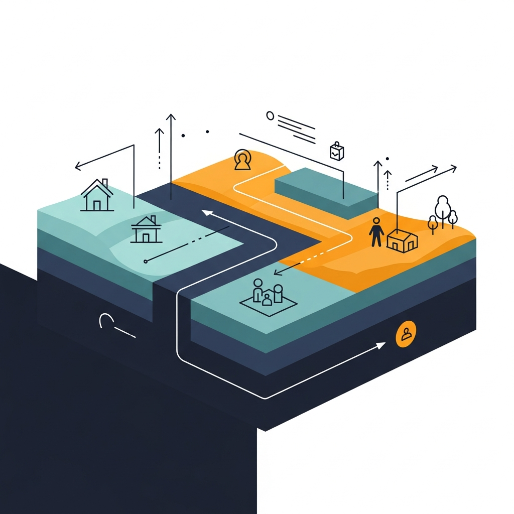 Isometric vector illustration of a strategic process map or user journey featuring layered paths, house icons, and human figures in a modern teal and orange palette.
