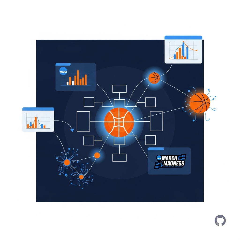 An infographic illustration depicting NCAA March Madness basketball analytics and predictive data modeling with various charts and graphs.